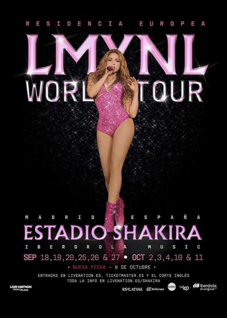 Cartel oficial de la residencia europea de Shakira en el Estadio Shakira de Madrid con todas las fechas