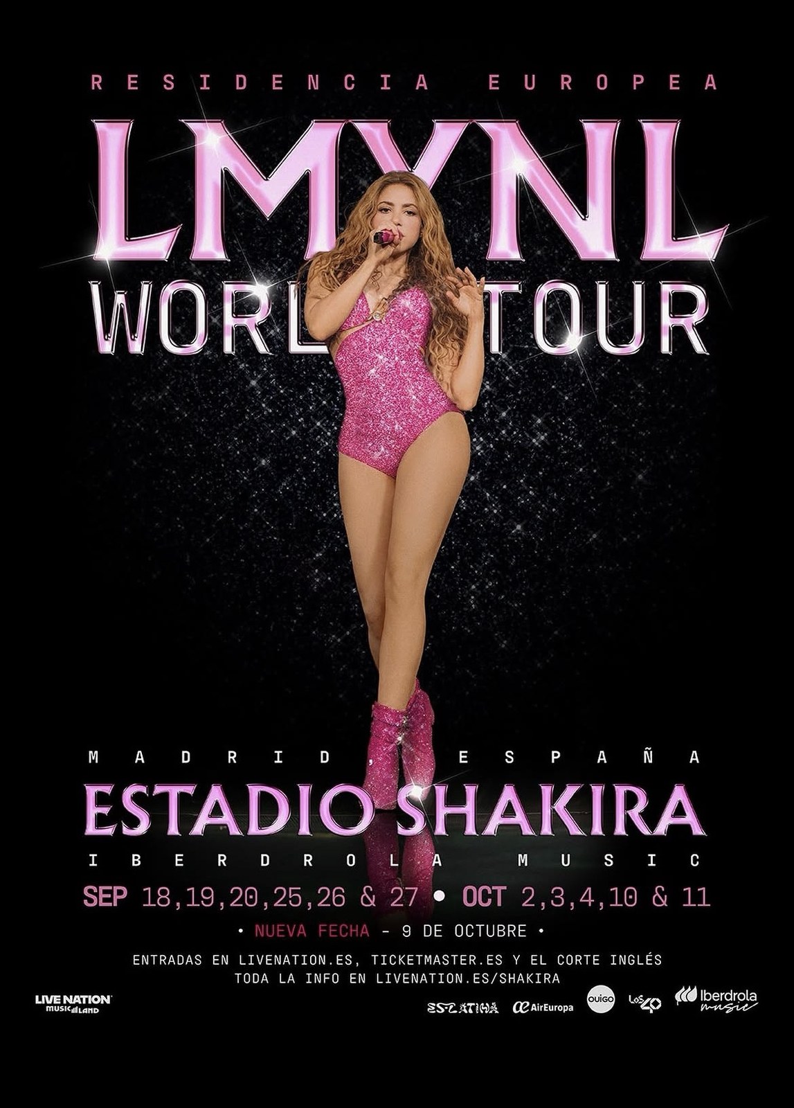 Cartel oficial de la residencia europea de Shakira en el Estadio Shakira de Madrid con todas las fechas