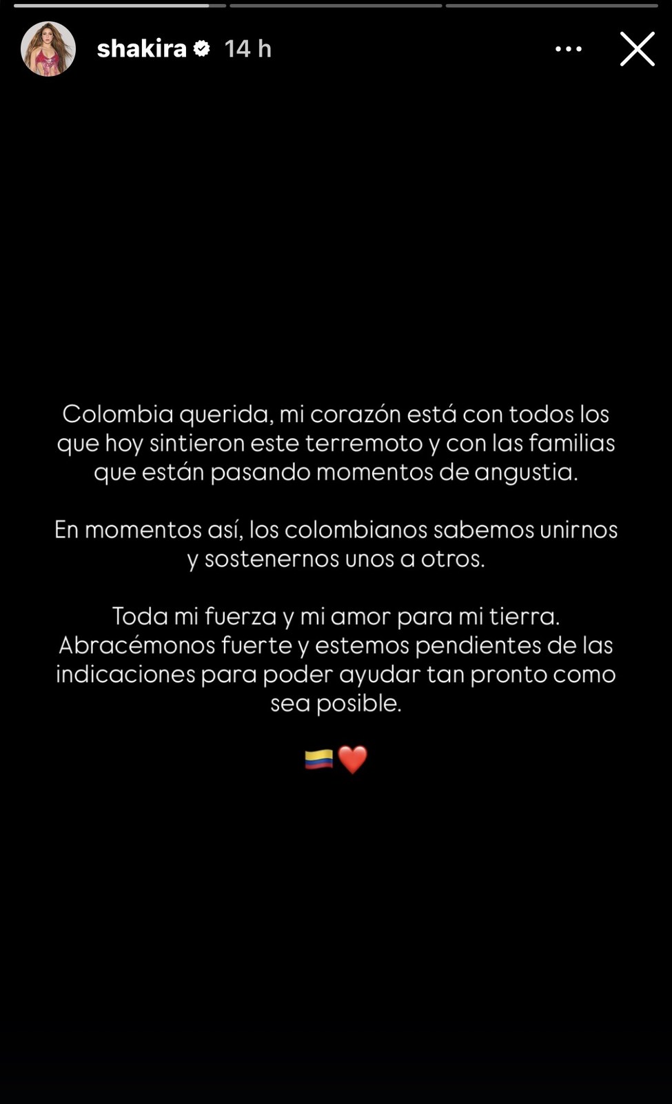 Shakira manda fuerza a Colombia tras el devastador terremoto